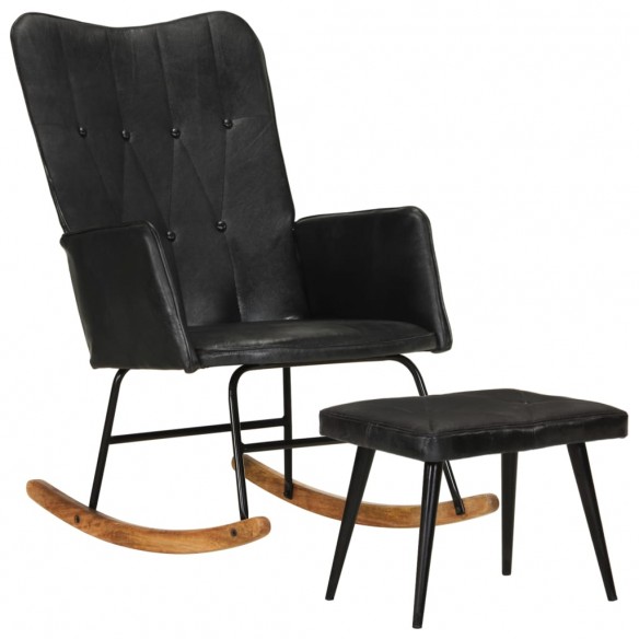 Chaise à bascule avec repose-pied Noir Cuir véritable