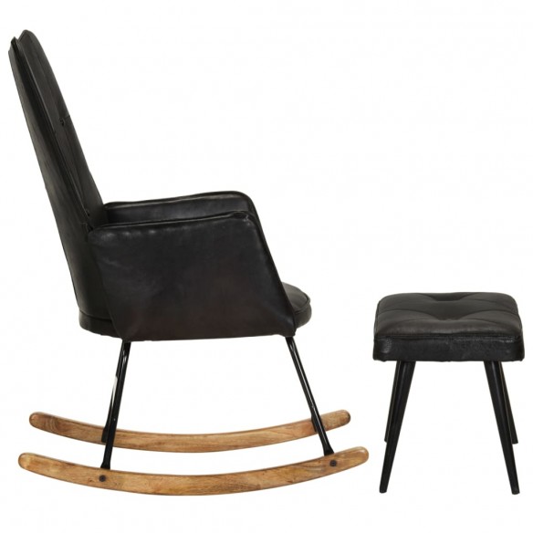 Chaise à bascule avec repose-pied Noir Cuir véritable