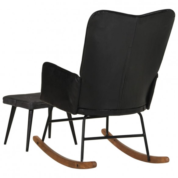 Chaise à bascule avec repose-pied Noir Cuir véritable