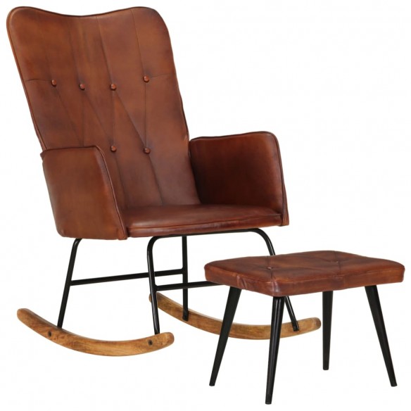 Chaise à bascule avec repose-pied Marron Cuir véritable