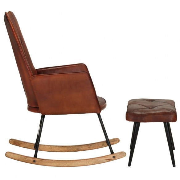 Chaise à bascule avec repose-pied Marron Cuir véritable