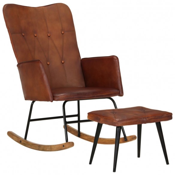 Chaise à bascule avec repose-pied Marron Cuir véritable