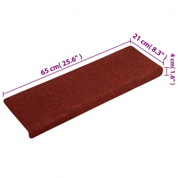 Tapis d'escalier 15 pcs Tissu aiguilleté 65x21x4 cm Rouge