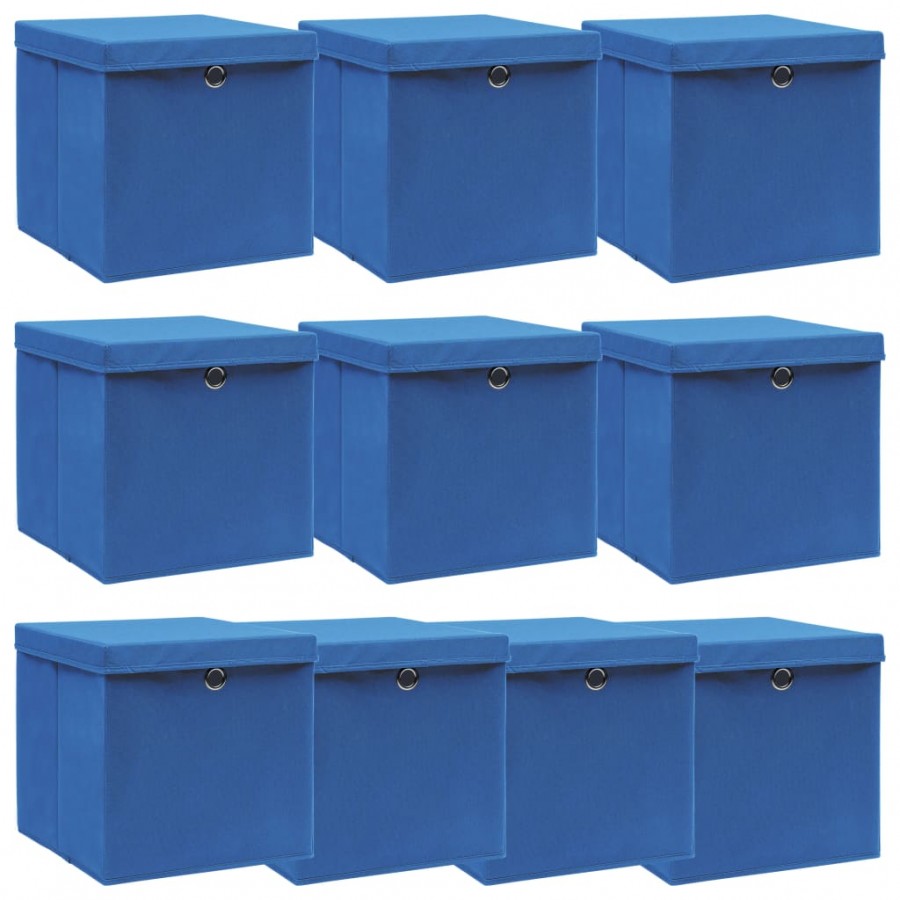 Boîtes de rangement avec couvercle 10 pcs Bleu 32x32x32cm Tissu